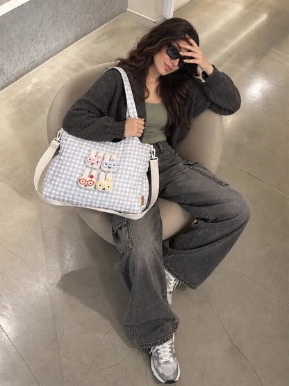Grey Gingham Checks 3D Glasses Bunny Tote Bag