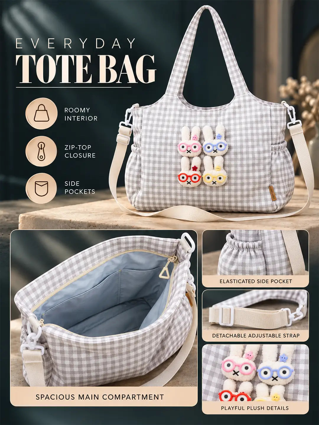 Grey Gingham Checks 3D Glasses Bunny Tote Bag