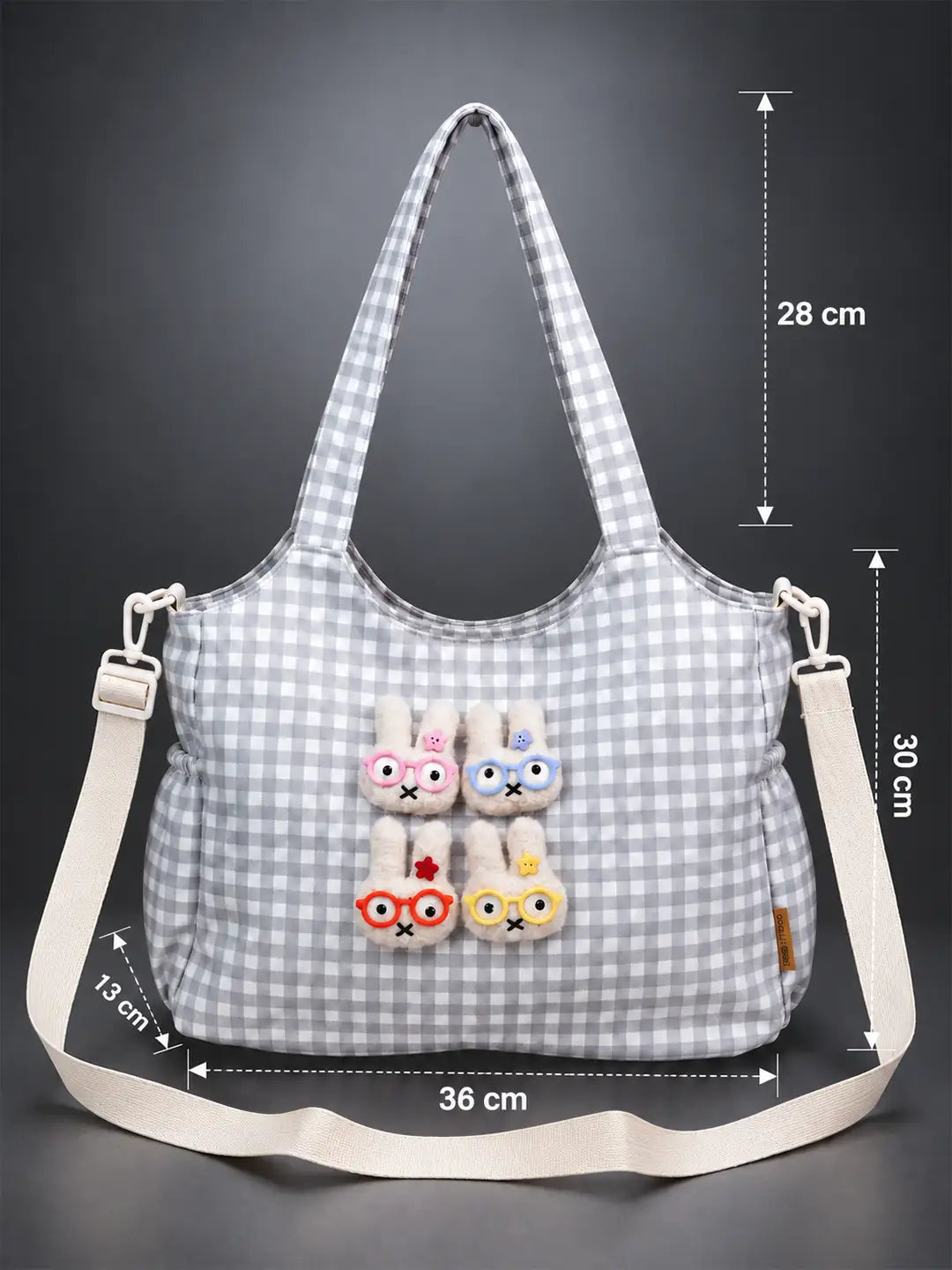 Grey Gingham Checks 3D Glasses Bunny Tote Bag
