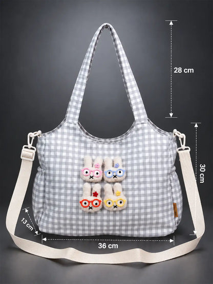 Grey Gingham Checks 3D Glasses Bunny Tote Bag