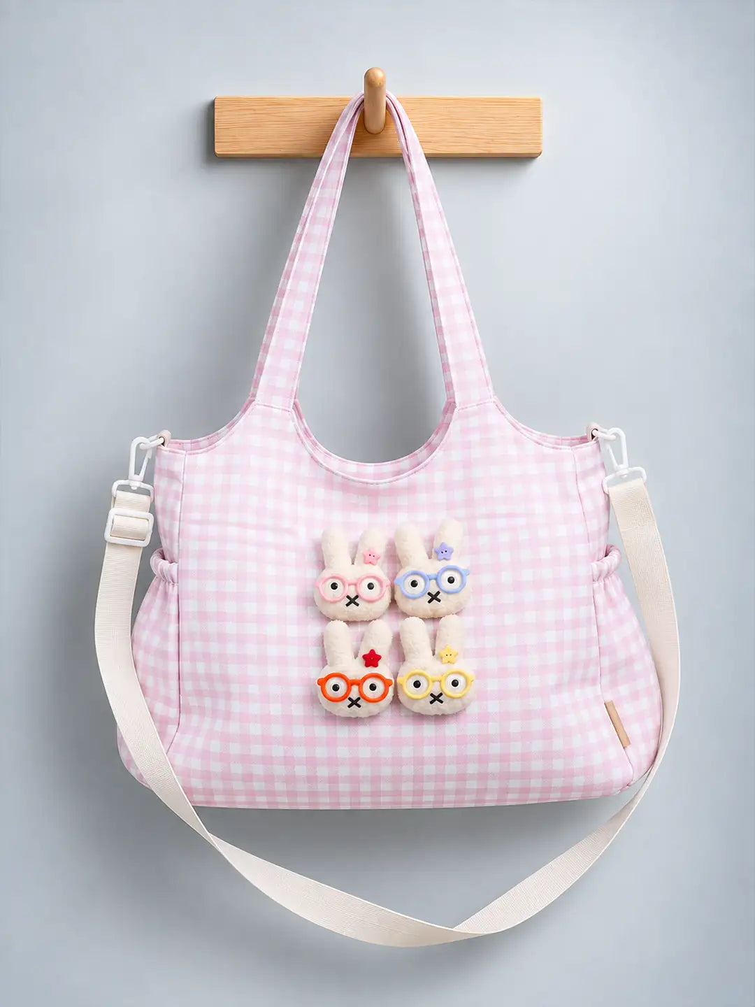 Pink Gingham Checks 3D Glasses Bunny Tote Bag