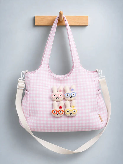 Pink Gingham Checks 3D Glasses Bunny Tote Bag