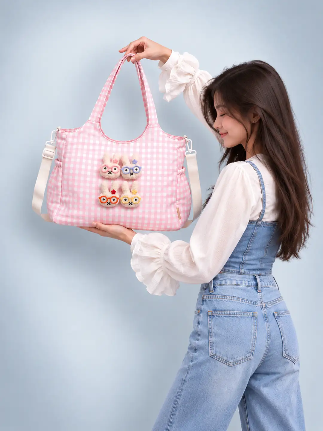 Pink Gingham Checks 3D Glasses Bunny Tote Bag