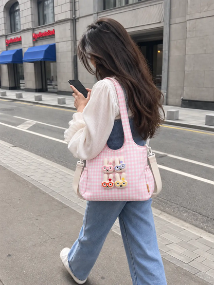 Pink Gingham Checks 3D Glasses Bunny Tote Bag