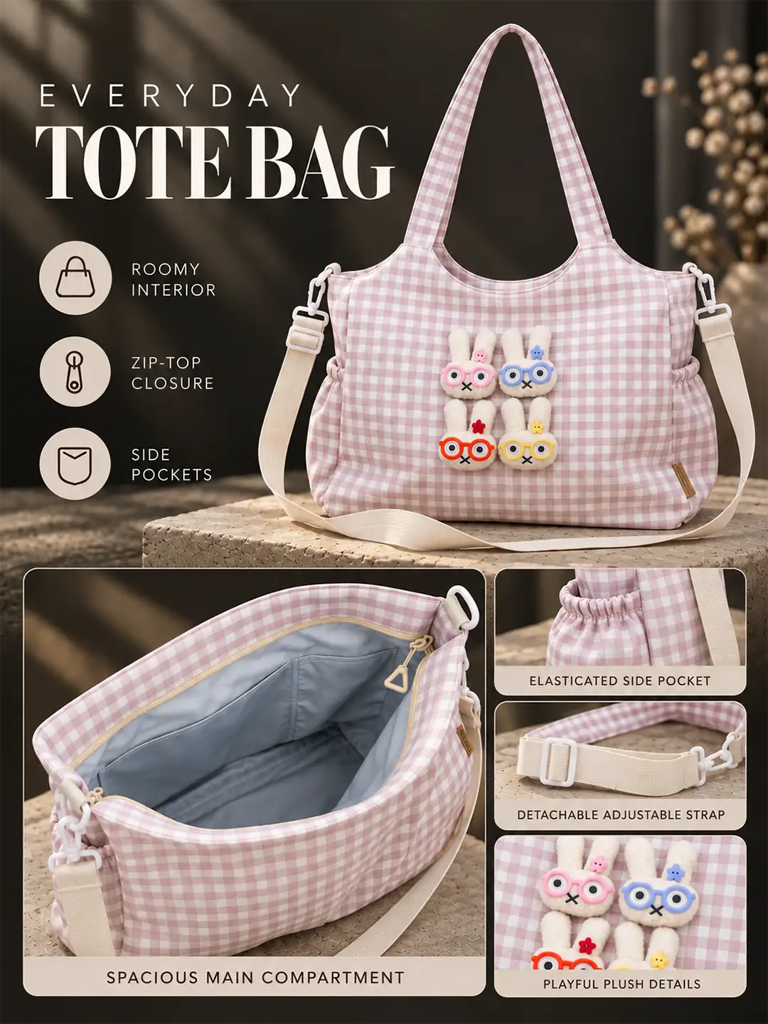 Pink Gingham Checks 3D Glasses Bunny Tote Bag