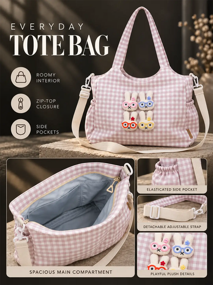 Pink Gingham Checks 3D Glasses Bunny Tote Bag