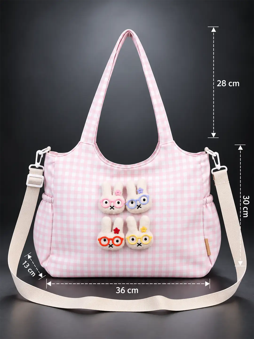 Pink Gingham Checks 3D Glasses Bunny Tote Bag