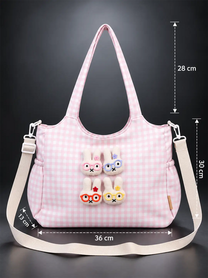 Pink Gingham Checks 3D Glasses Bunny Tote Bag