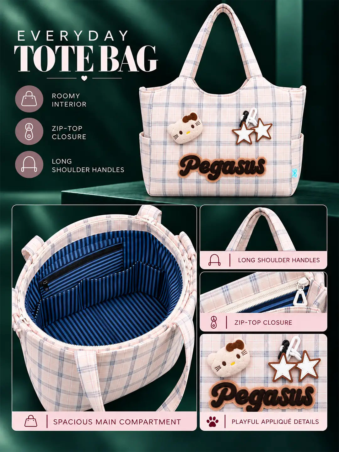 Pink Checks Pegasus Tote Bag