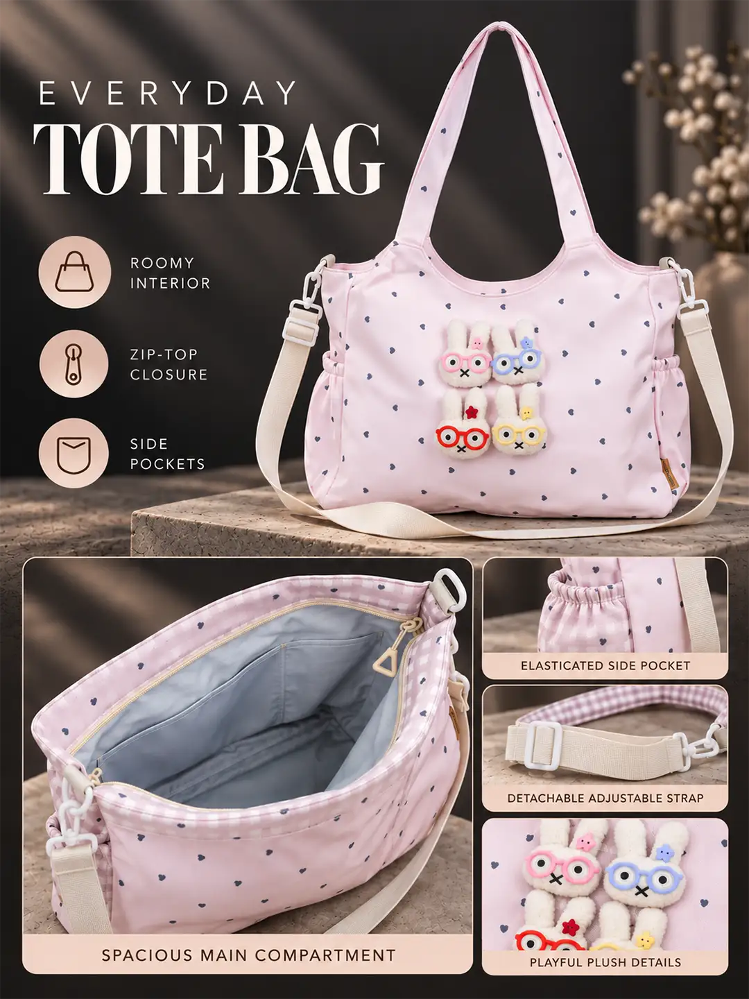 Pink Heart 3D Glasses Bunny Tote Bag