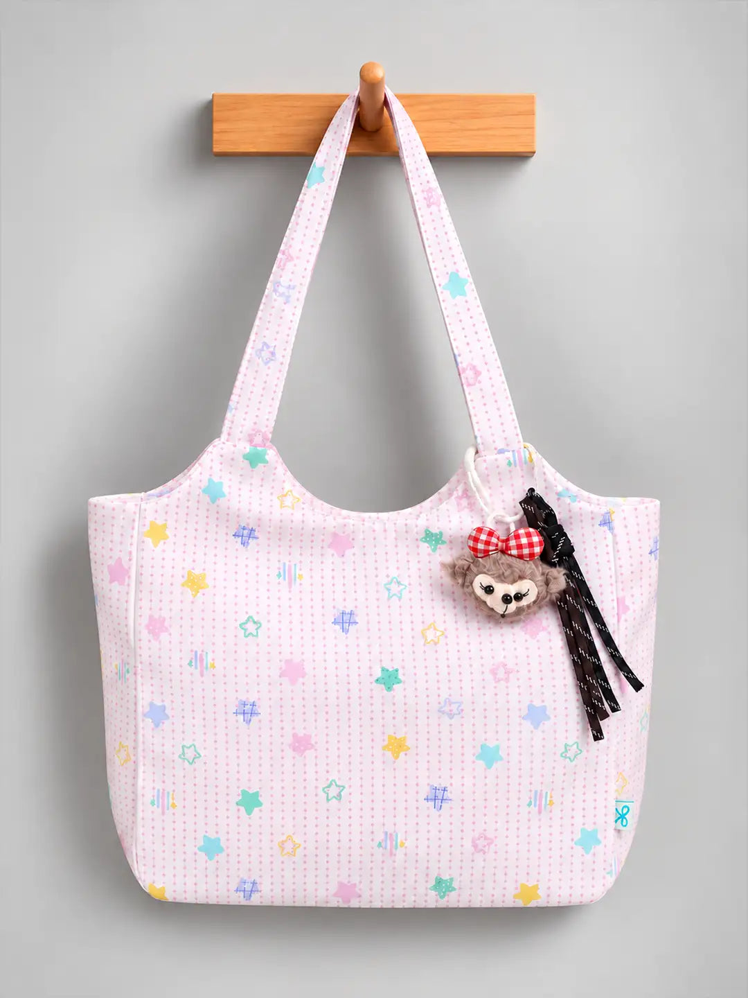 Pink Stars Print Tote Bag with Monkey Keychain