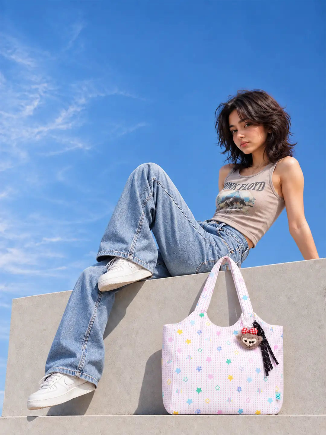 Pink Stars Print Tote Bag with Monkey Keychain