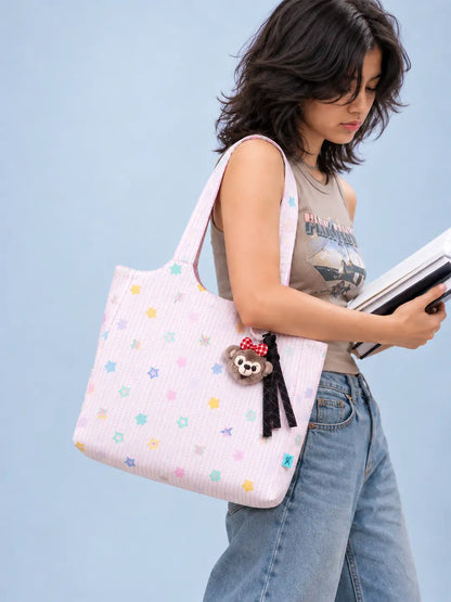 Pink Stars Print Tote Bag with Monkey Keychain
