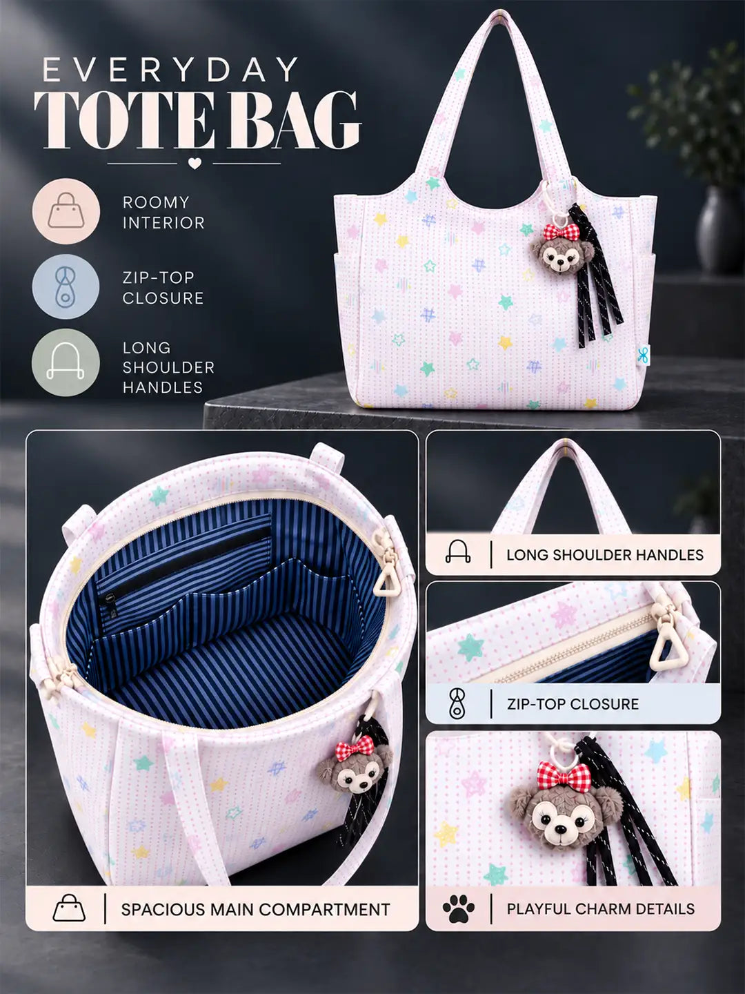Pink Stars Print Tote Bag with Monkey Keychain