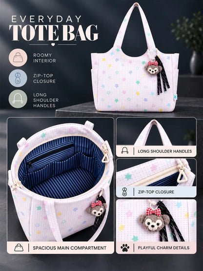 Pink Stars Print Tote Bag with Monkey Keychain