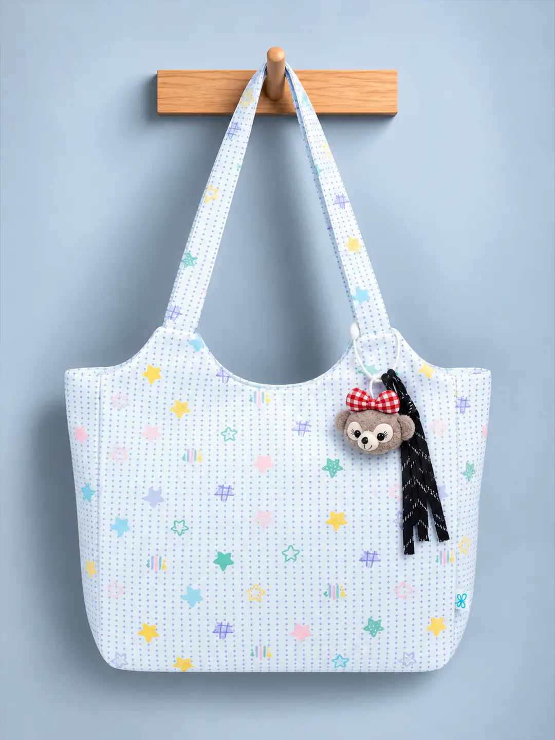 Pastel Purple Stars Print Tote Bag with Monkey Keychain