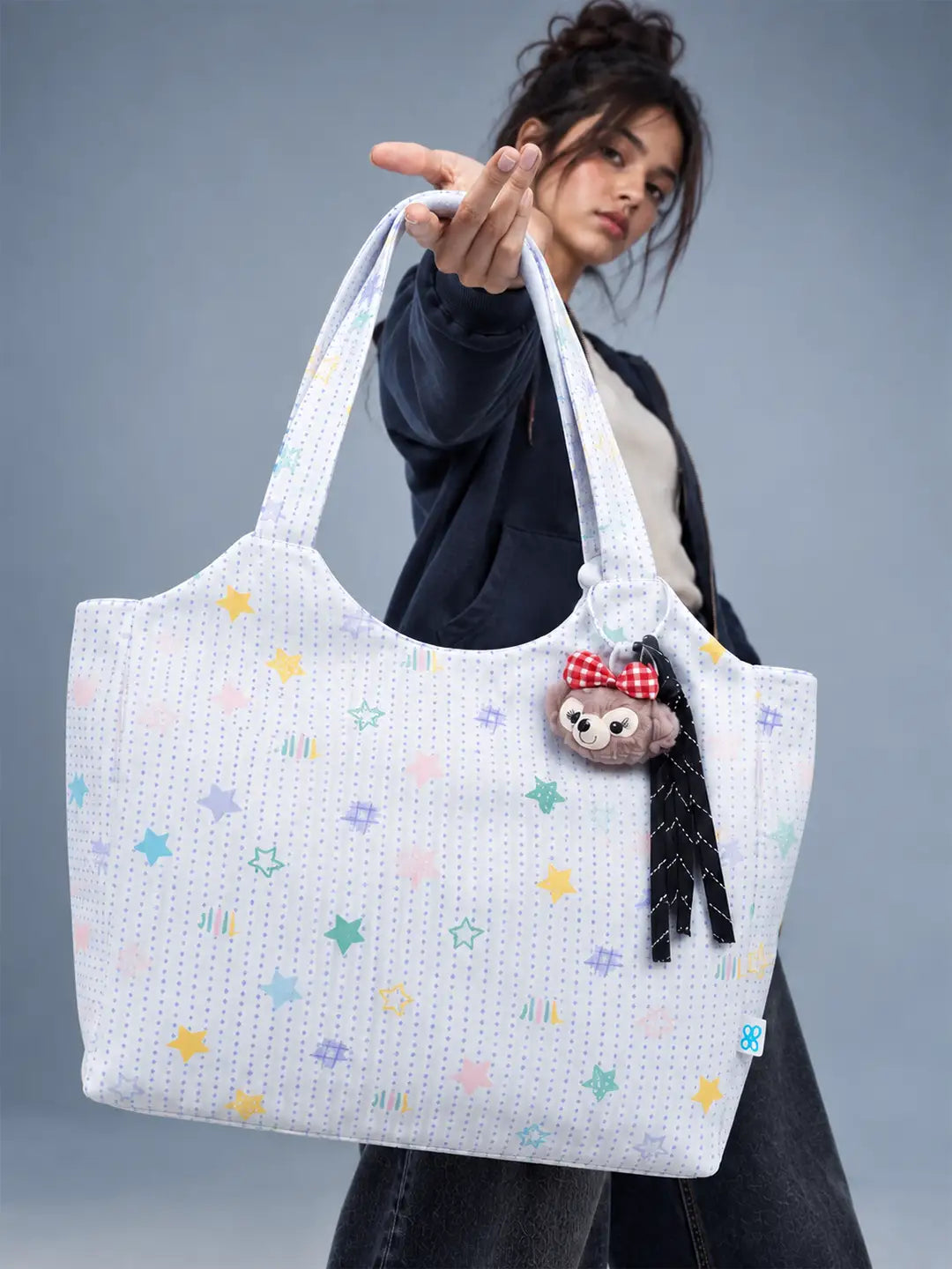 Pastel Purple Stars Print Tote Bag with Monkey Keychain
