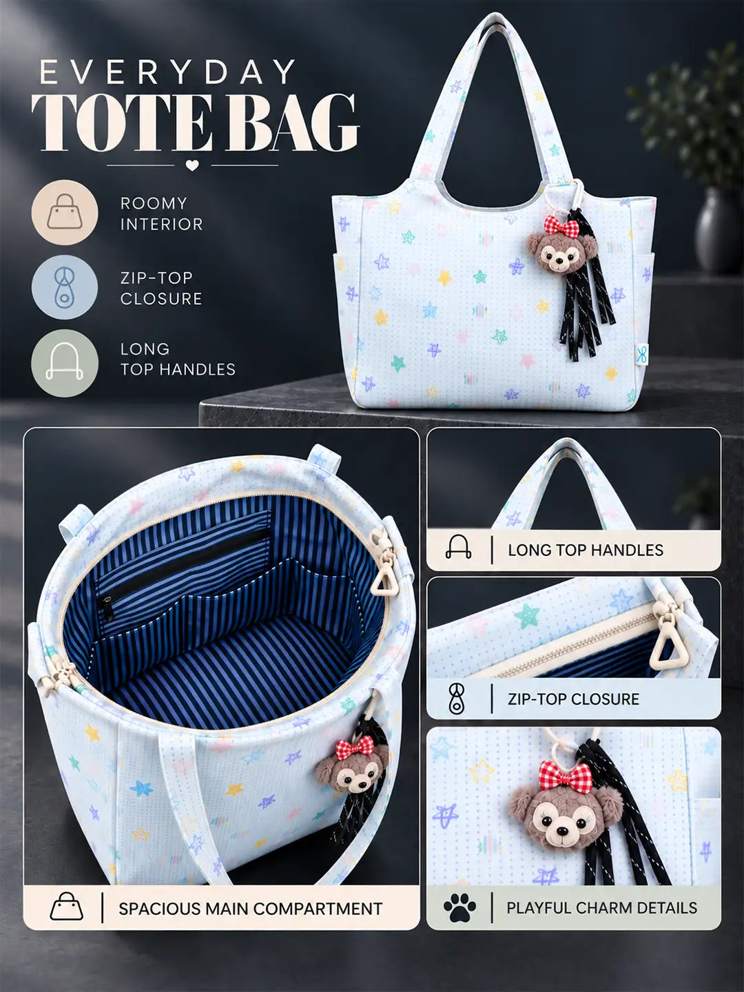 Pastel Purple Stars Print Tote Bag with Monkey Keychain