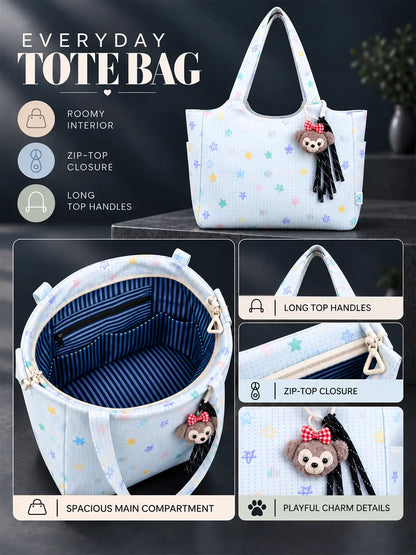 Pastel Purple Stars Print Tote Bag with Monkey Keychain