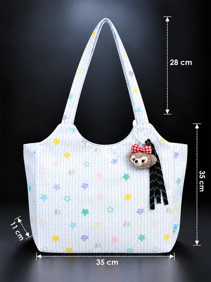 Pastel Purple Stars Print Tote Bag with Monkey Keychain