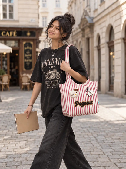 Red & White Striped Pegasus Tote Bag