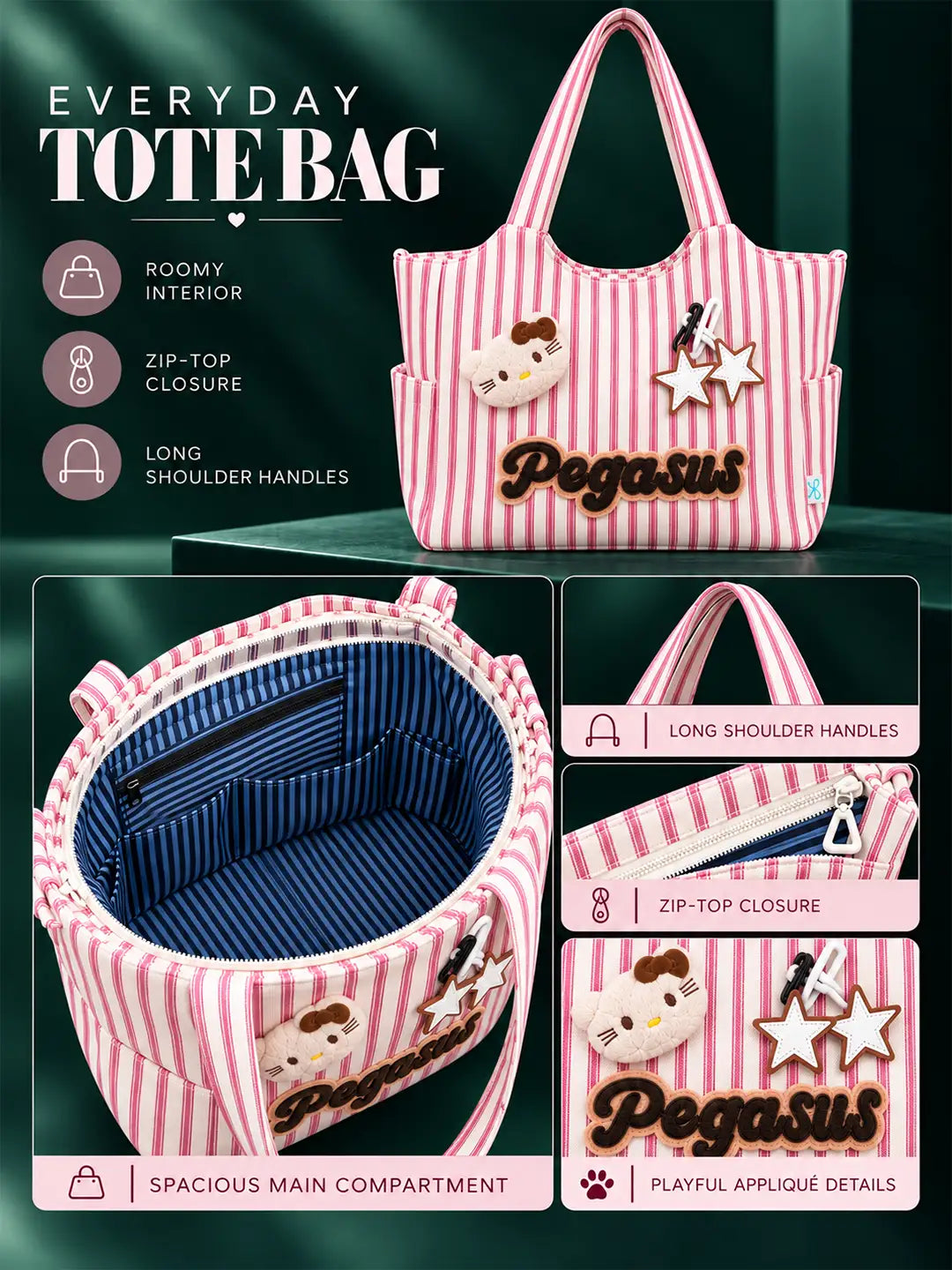 Red & White Striped Pegasus Tote Bag