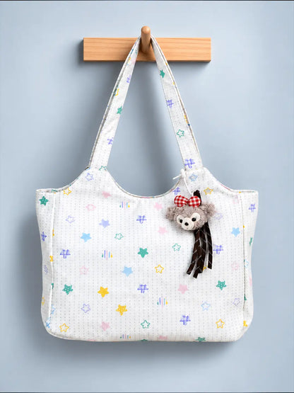 White Stars Print Tote Bag with Monkey Keychain