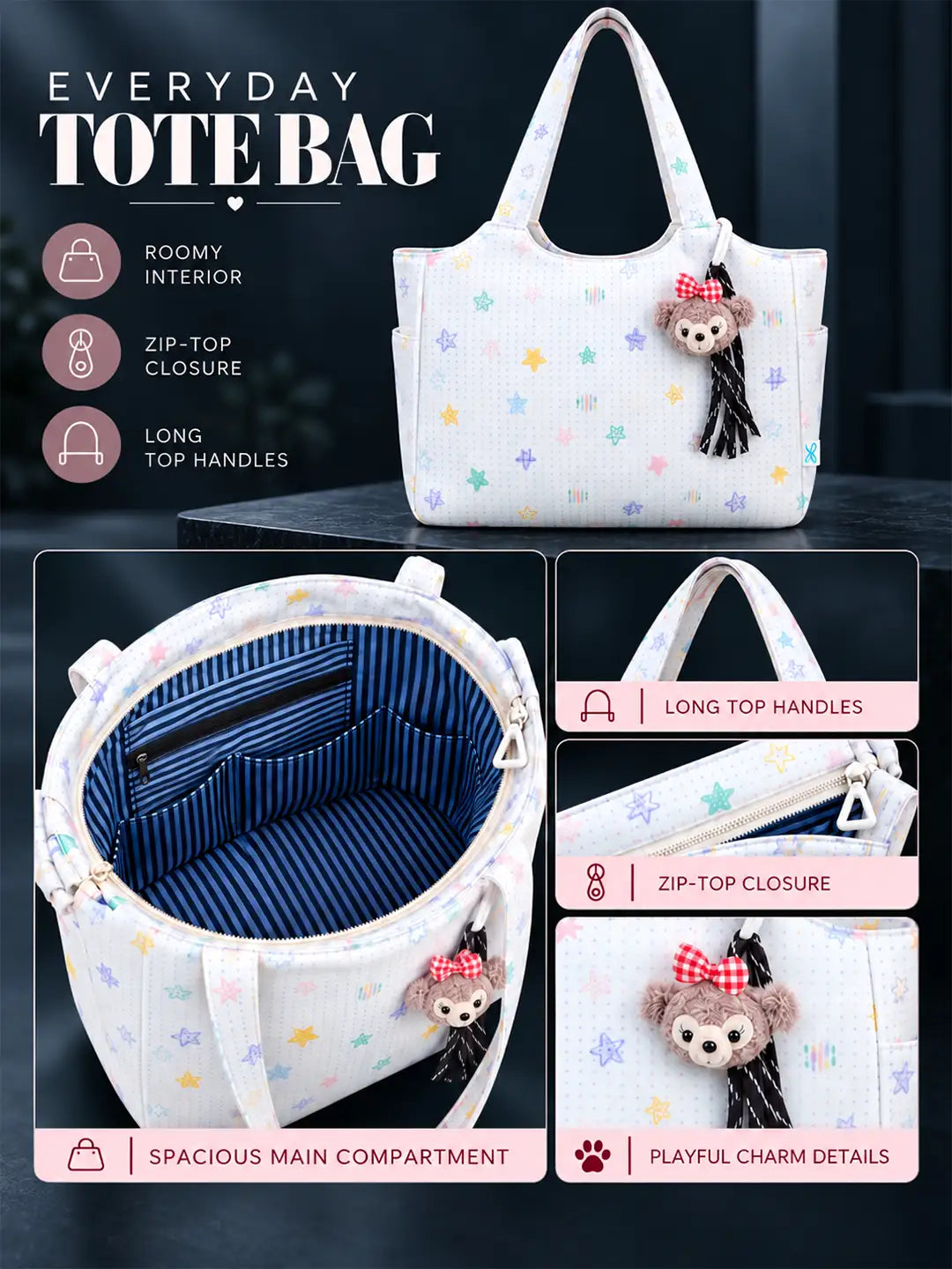 White Stars Print Tote Bag with Monkey Keychain