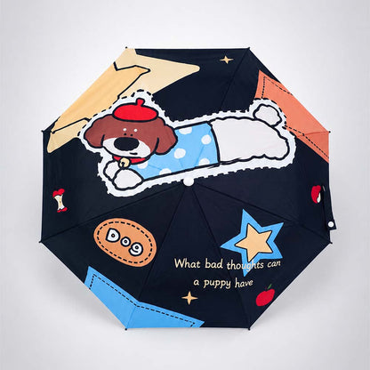 3 Fold Black Puppy Star, Auto Open & Close,Rain & Sun Dual Umbrella for Teens & Adults