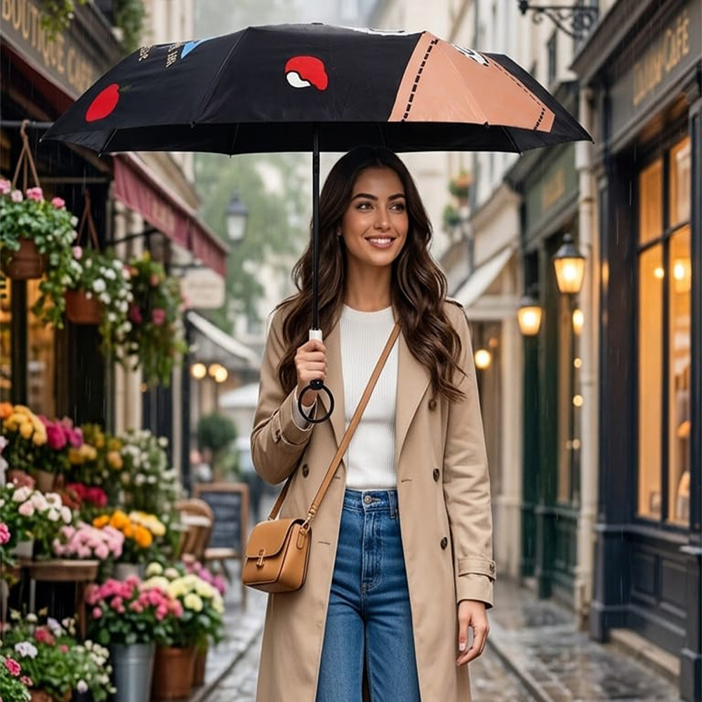 3 Fold Black Puppy Star, Auto Open & Close,Rain & Sun Dual Umbrella for Teens & Adults