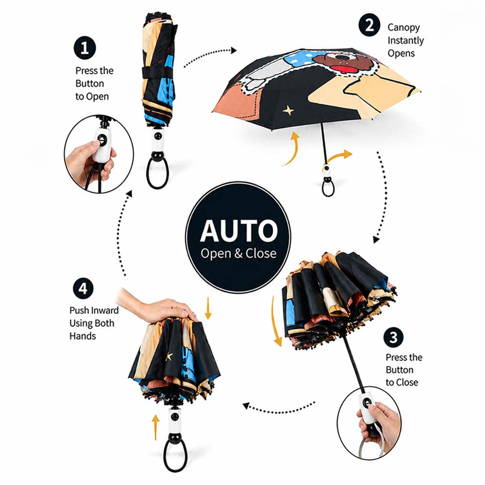 3 Fold Black Puppy Star, Auto Open & Close,Rain & Sun Dual Umbrella for Teens & Adults