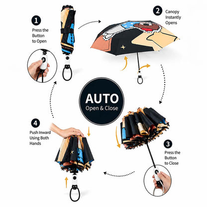 3 Fold Black Puppy Star, Auto Open & Close,Rain & Sun Dual Umbrella for Teens & Adults