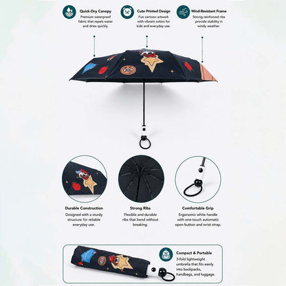 3 Fold Black Puppy Star, Auto Open & Close,Rain & Sun Dual Umbrella for Teens & Adults
