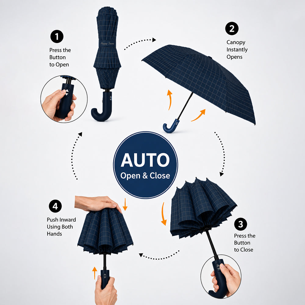 3Fold Black Checkered Auto Open & Close Umbrella for Teens & Adults