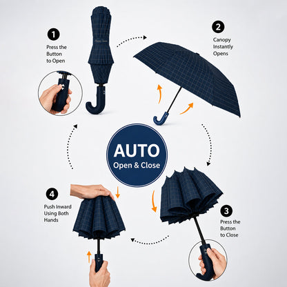 3Fold Black Checkered Auto Open & Close Umbrella for Teens & Adults
