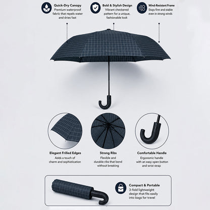 3Fold Black Checkered Auto Open & Close Umbrella for Teens & Adults
