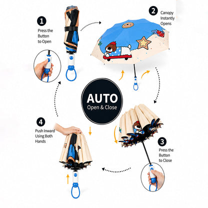3 Fold Blue Puppy Skateboarding,Auto Open & Close Rain & Sun Dual Umbrella for Teens & Adults
