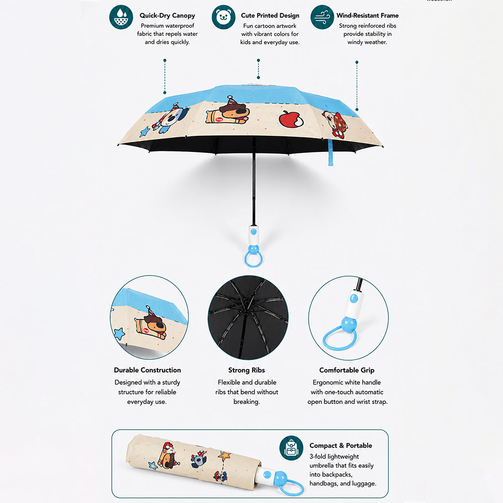 3 Fold Blue Puppy Skateboarding,Auto Open & Close Rain & Sun Dual Umbrella for Teens & Adults