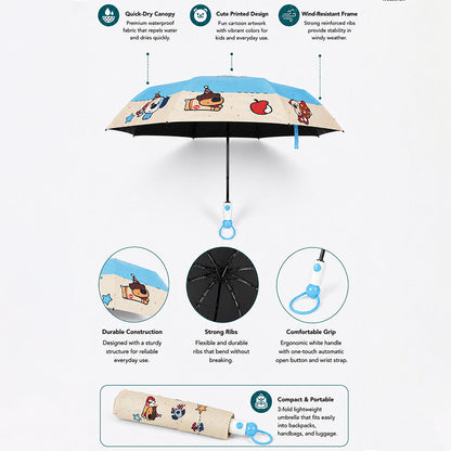3 Fold Blue Puppy Skateboarding,Auto Open & Close Rain & Sun Dual Umbrella for Teens & Adults