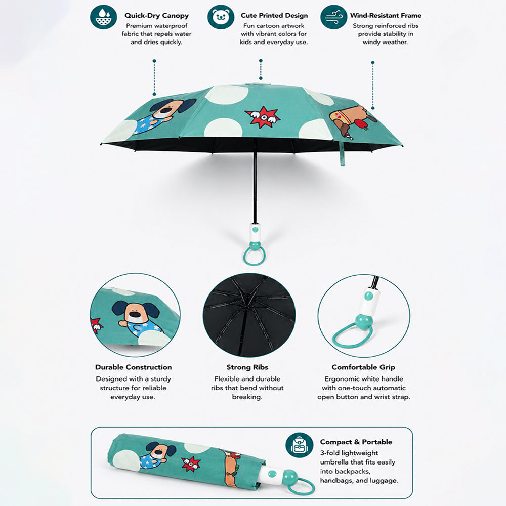 3 Fold Mint Green puppy Polka Dots Auto Open & Close Rain & Sun Dual Umbrella for Teens & Adults