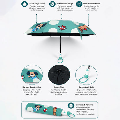 3 Fold Mint Green puppy Polka Dots Auto Open & Close Rain & Sun Dual Umbrella for Teens & Adults