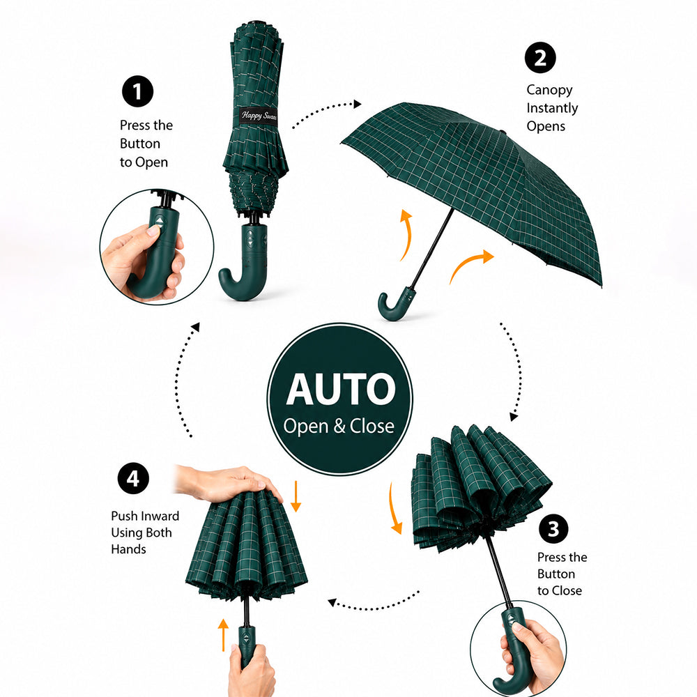 3 Fold Dark Green Checkered Auto Open & Close Umbrella for Teens & Adults