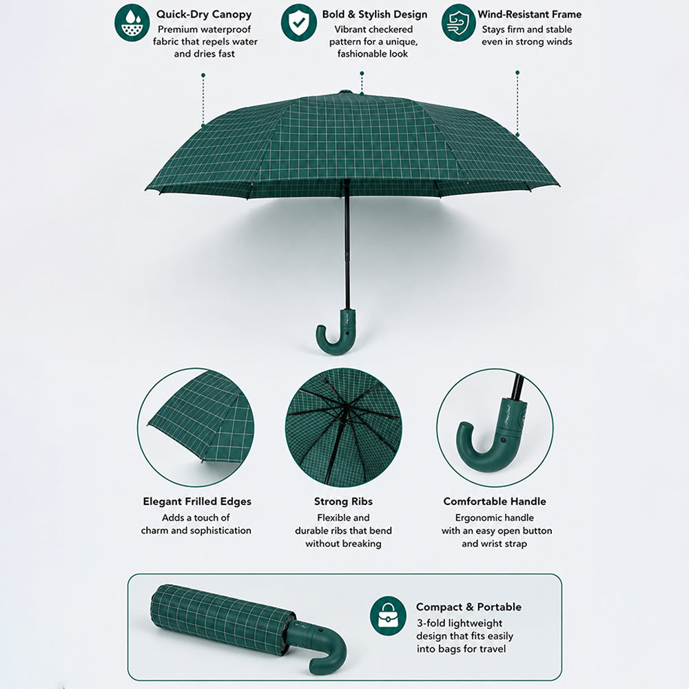 3 Fold Dark Green Checkered Auto Open & Close Umbrella for Teens & Adults