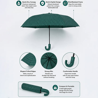3 Fold Dark Green Checkered Auto Open & Close Umbrella for Teens & Adults