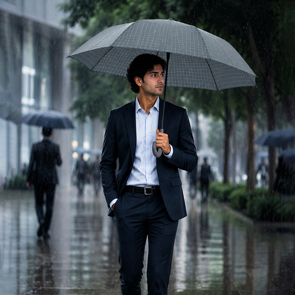 3 Fold Grey Checkered Auto Open & Close Umbrella for Teens & Adults