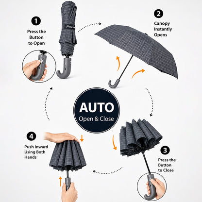 3 Fold Grey Checkered Auto Open & Close Umbrella for Teens & Adults