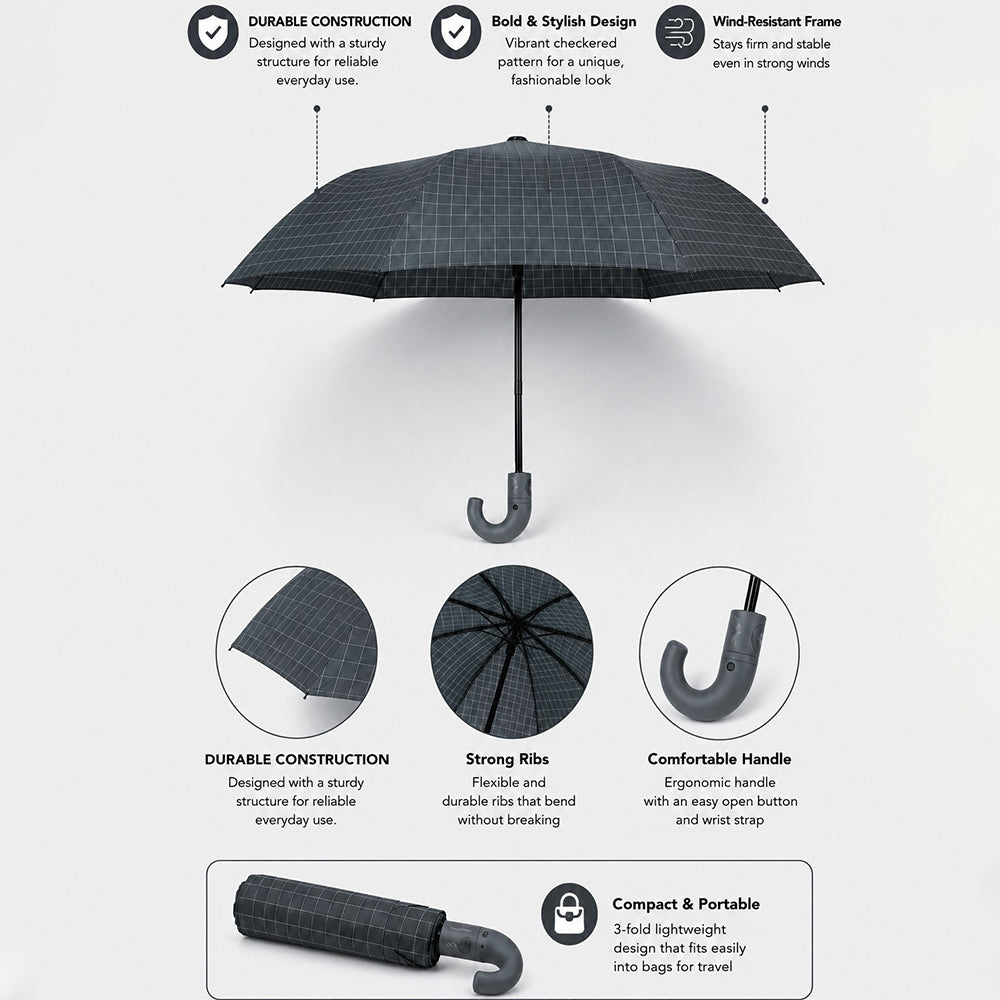 3 Fold Grey Checkered Auto Open & Close Umbrella for Teens & Adults