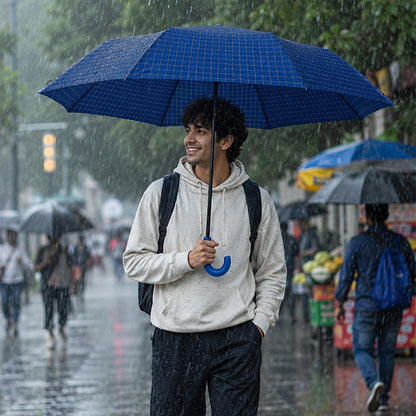 3 Fold Navy Blue Checkered Auto Open & Close Umbrella for Teens & Adults