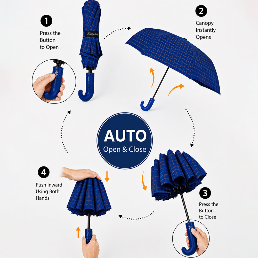 3 Fold Navy Blue Checkered Auto Open & Close Umbrella for Teens & Adults