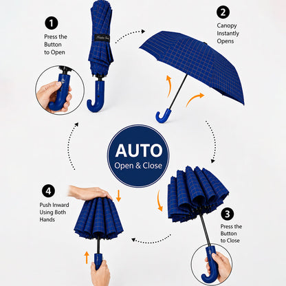 3 Fold Navy Blue Checkered Auto Open & Close Umbrella for Teens & Adults